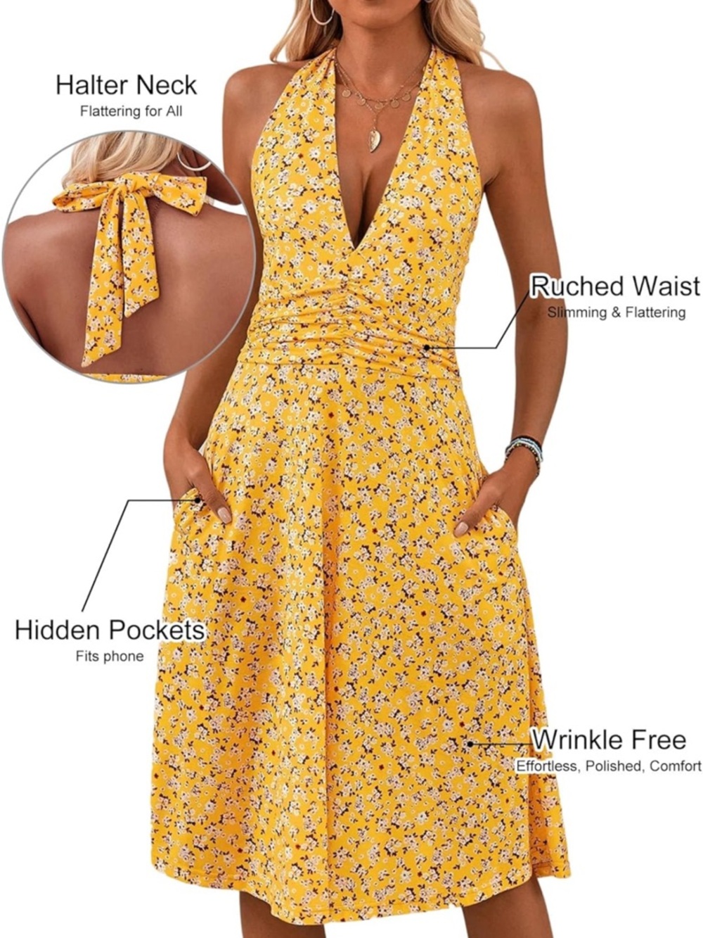 Yellow Floral Halter Midi Dress - Picture 5 of 6